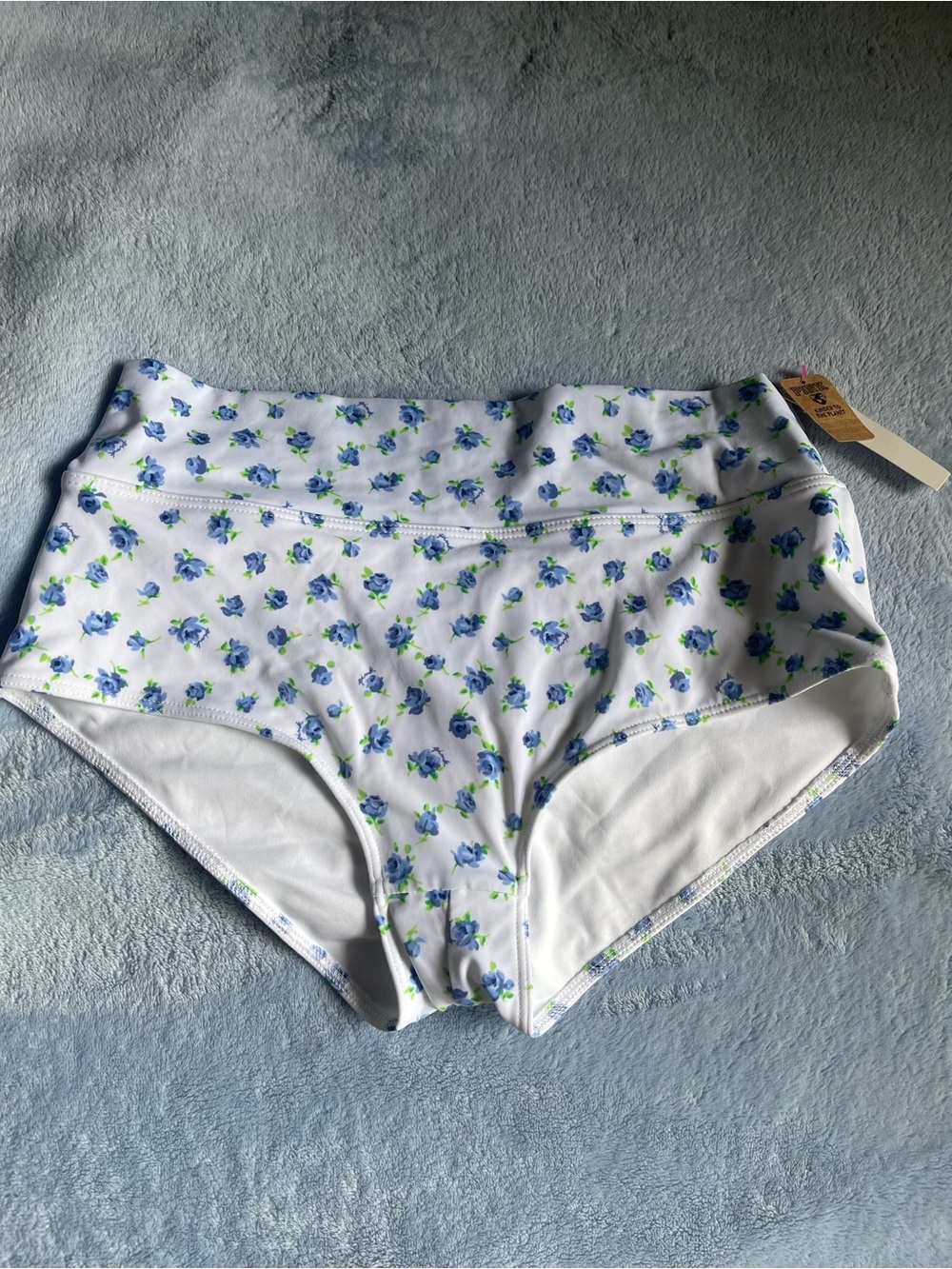 PINK Victoria's Secret White High-Waist Swim Bottoms with Blue Floral Print